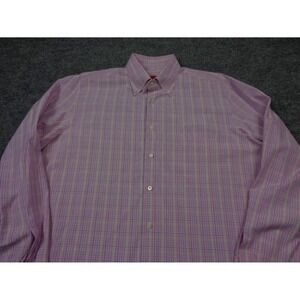 Isaia Napoli Dress Shirt Mens 2XL Pink Plaid Designer Preppy Work Classic
